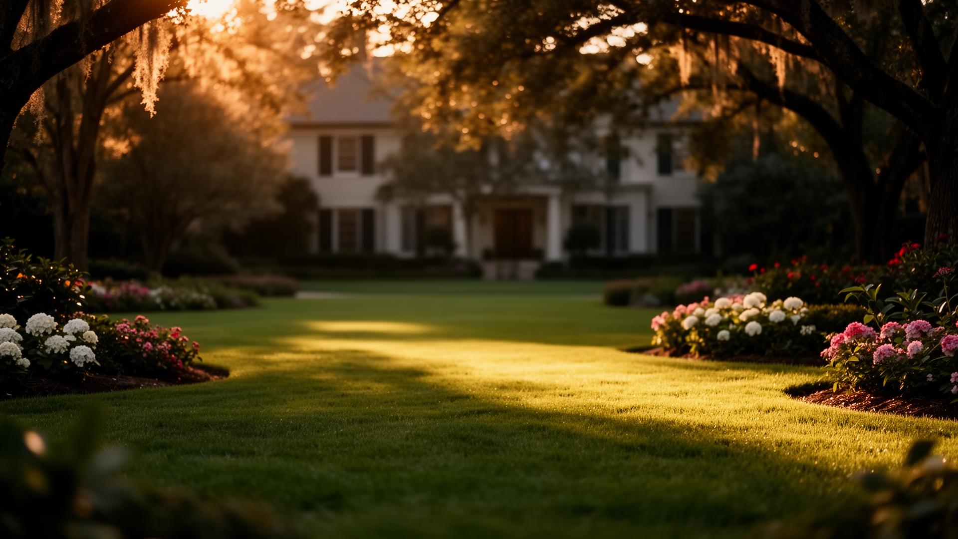 Manicured Southern lawn at golden hour
